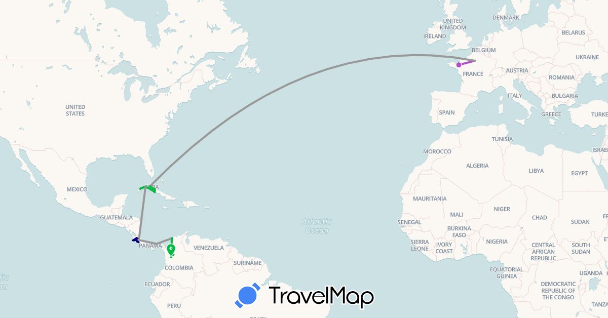 TravelMap itinerary: driving, bus, plane, train in Colombia, Costa Rica, Cuba, France, Panama (Europe, North America, South America)